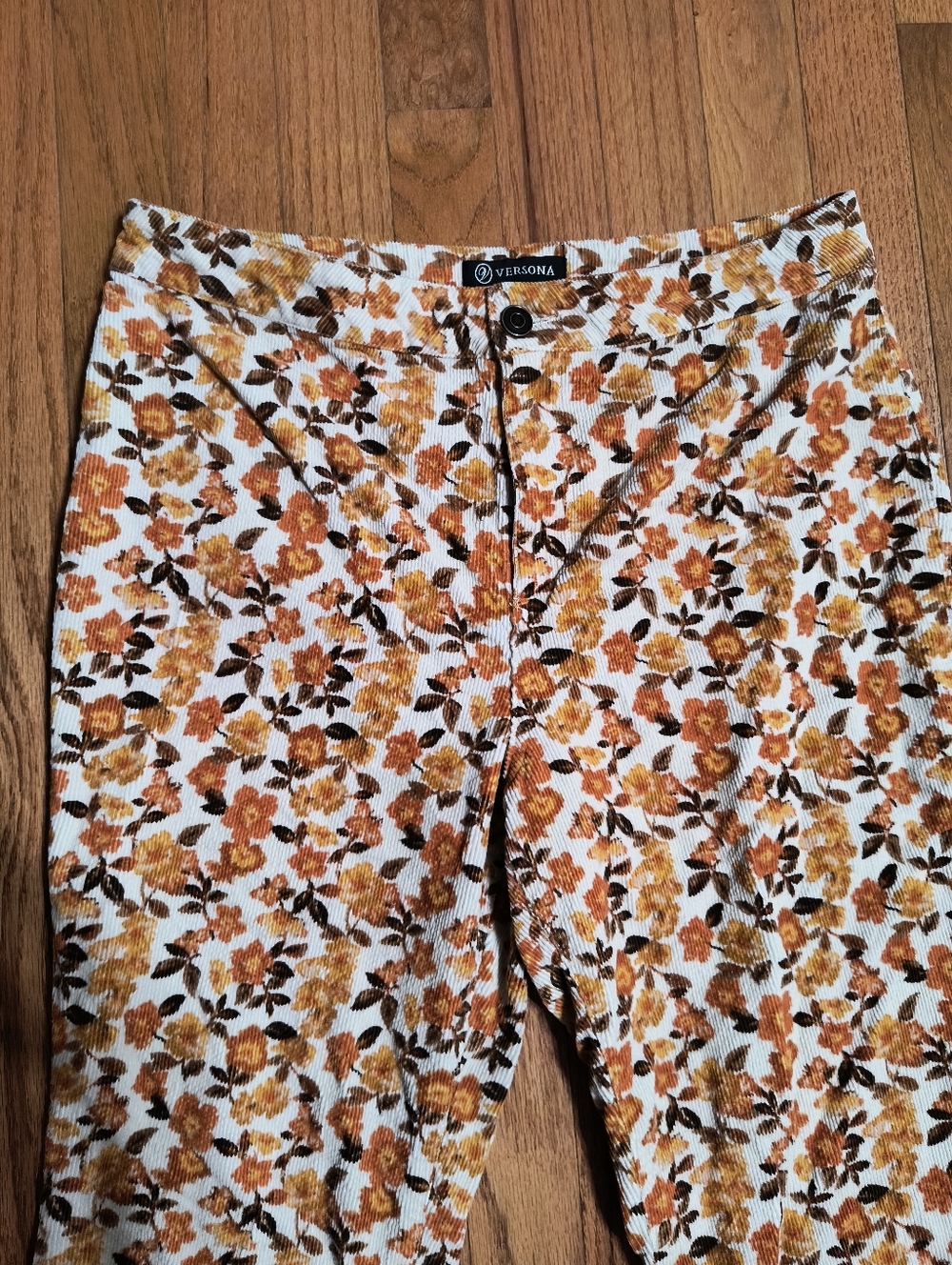 Versona Bell Bottoms, Corduroy Flare Leg Pants, Women's 8, Brown/Orange Floral - Picture 8 of 16
